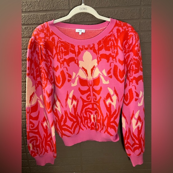Voy Sweaters - VOY Pink Red Abstract Pattern Knit Sweater Size L Puff Sleeve